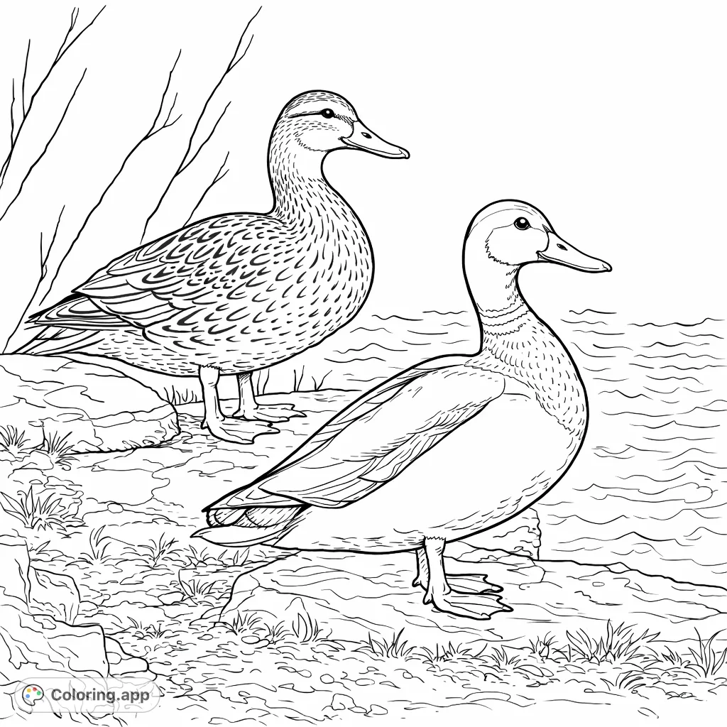 Discover two charming ducks perched by a calm body of water. Perfect for a nature-themed coloring session!