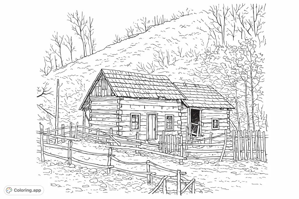 Step into a rustic scene with an old log cabin surrounded by a rough wooden fence and a hilly, wooded landscape, inviting serene coloring.