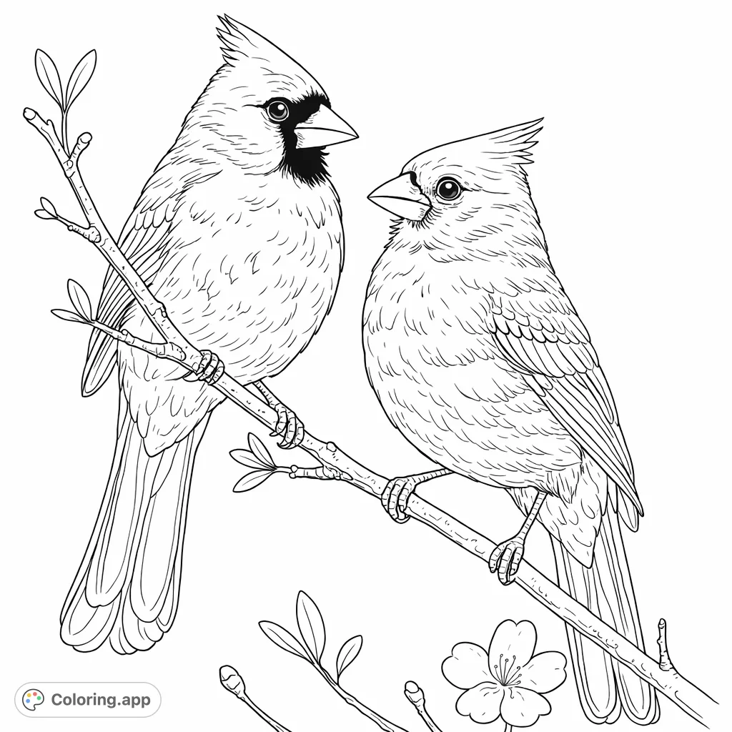 A charming pair of songbirds perched on a tree branch, facing each other in a serene natural setting. Perfect for bird lovers and nature enthusiasts.