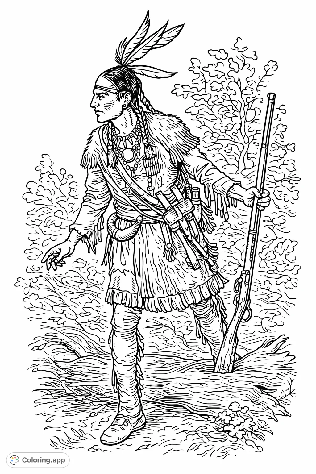 Explore a detailed Native American figure in traditional dress, holding a rifle amidst a natural backdrop. A rich historical coloring page.
