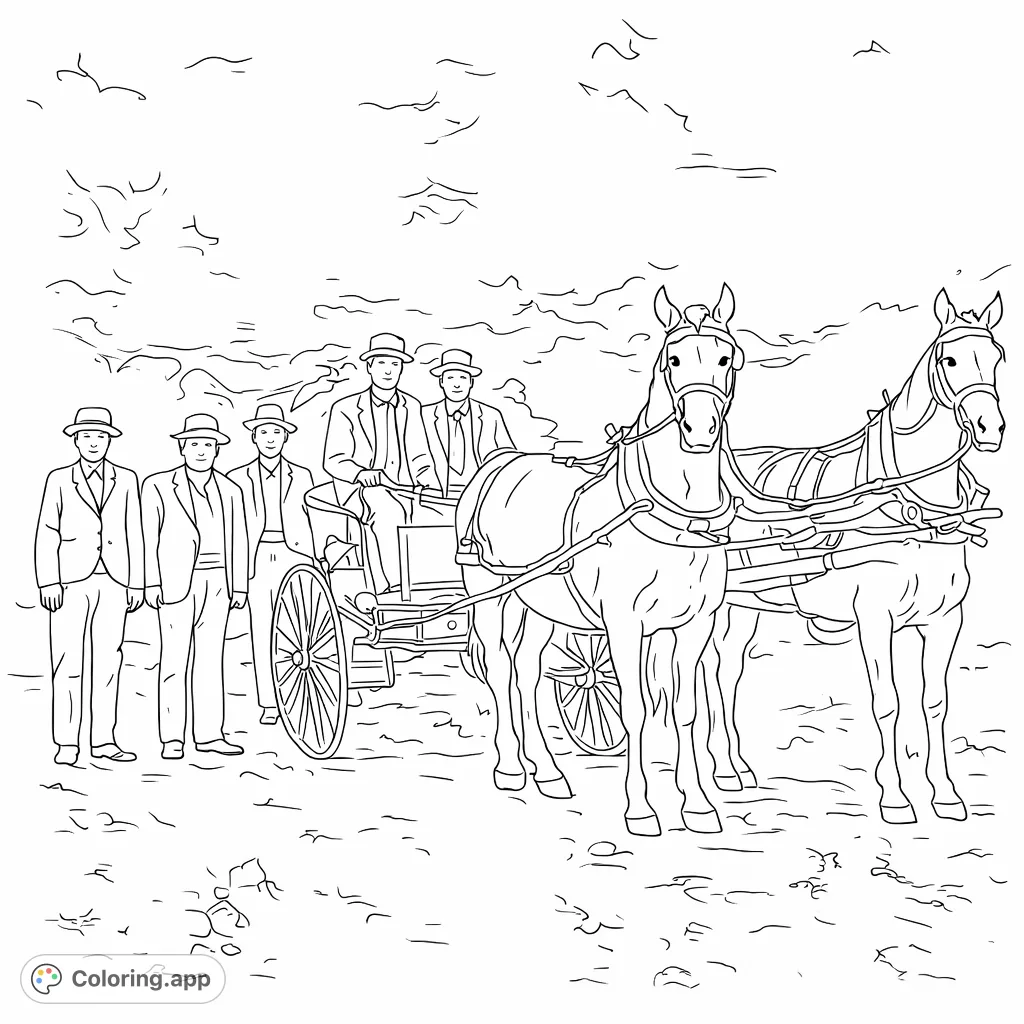 A detailed vintage horse carriage scene featuring men in period attire, horses, and a classic vehicle. A nostalgic historical coloring page.