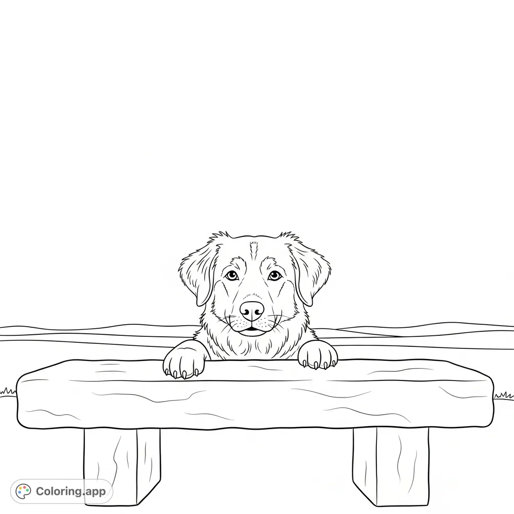 A heartwarming dog with gentle eyes peeks over a smooth stone bench, set against a serene sky and distant rolling hills. A peaceful, inviting scene.