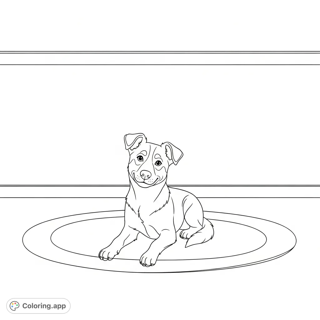 A friendly dog sits comfortably on a circular rug in a serene, uncluttered room. Its warm gaze and soft smile invite a calming coloring experience.