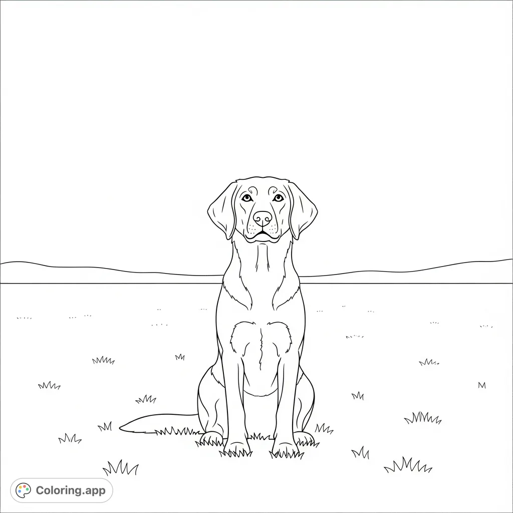 A charming dog sits patiently on an expansive grassy plain under a vast sky, offering a serene and delightful scene for a peaceful coloring experience.