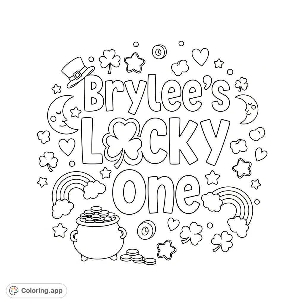 Celebrate Brylee's first St. Patrick's Day birthday with this adorable 'Lucky One' coloring page, featuring shamrocks, rainbows, and whimsical charm.