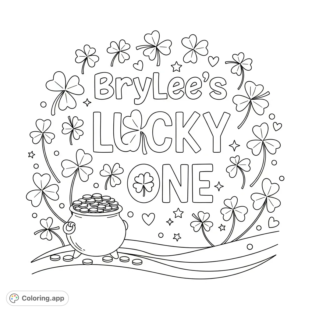 Celebrate Brylee's first birthday with this adorable "Lucky One" coloring page, featuring four-leaf clovers and a pot of gold. Perfect for little ones!