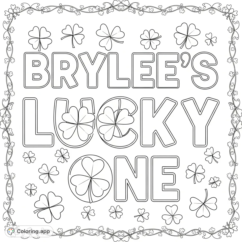 Celebrate with Brylee's Lucky One coloring page, featuring cheerful text, shamrock 'O's, and a decorative border. Perfect for a special occasion!
