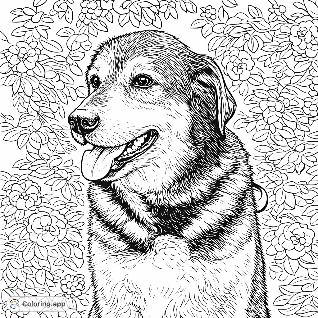 Color a charming dog portrait featuring a beloved canine with expressive details and unique fur patterns, set against a backdrop of beautiful, blooming flora.