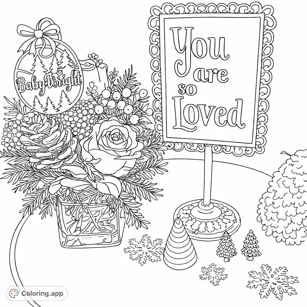 A charming winter celebration scene featuring a detailed floral bouquet, festive pinecones, delicate snowflakes, and a heartfelt framed message, perfect for a cozy coloring experience.