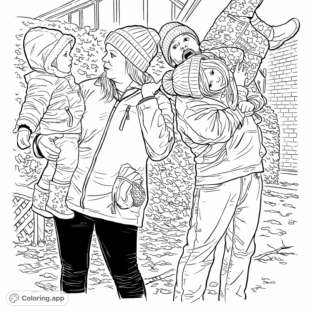 A heartwarming scene of a family enjoying playful moments outdoors, with adults holding two young children. Perfect for celebrating family bonds and winter joy.