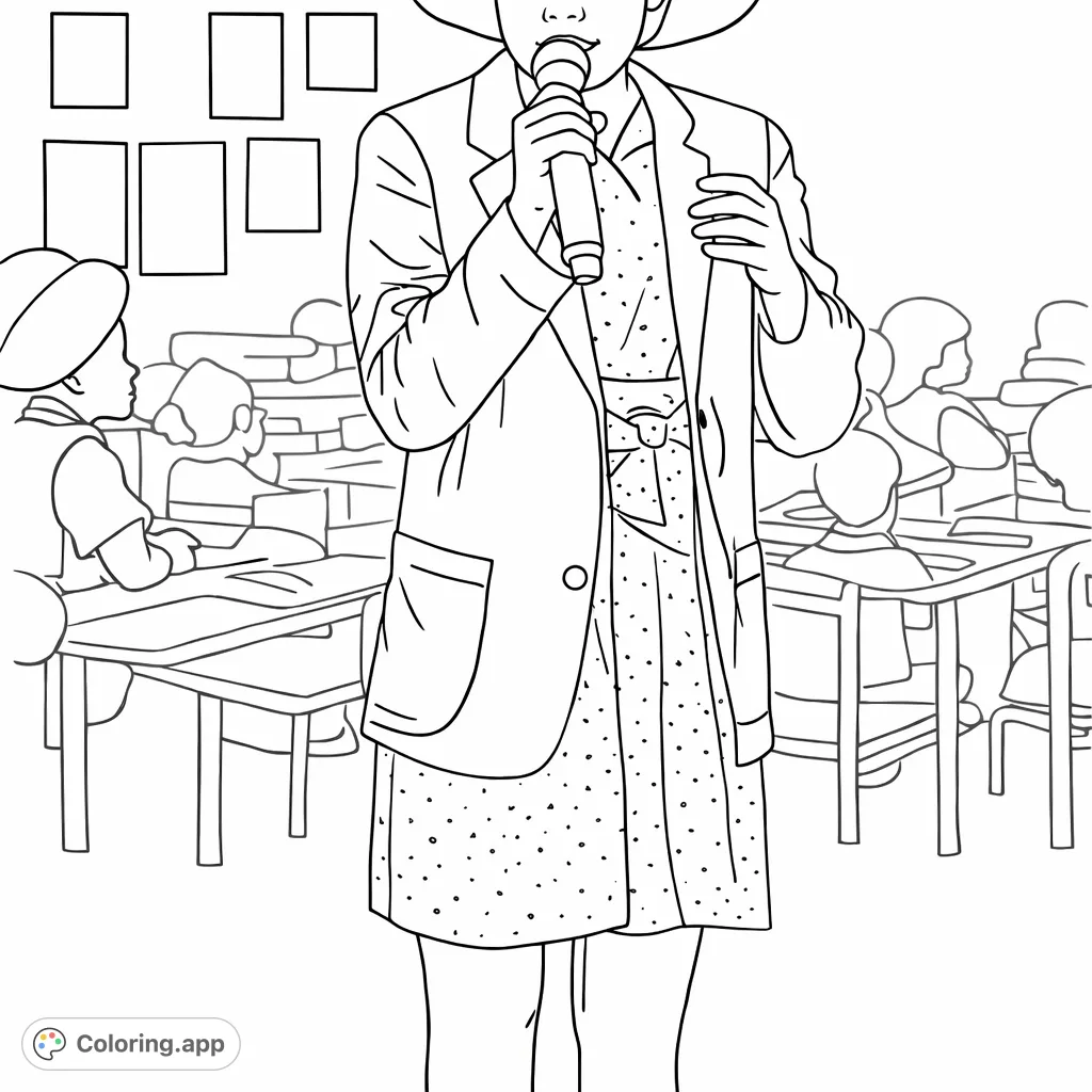 Capture the moment of a student speaking into a microphone. This engaging coloring page features a person in a hat, blazer, and patterned dress on stage.