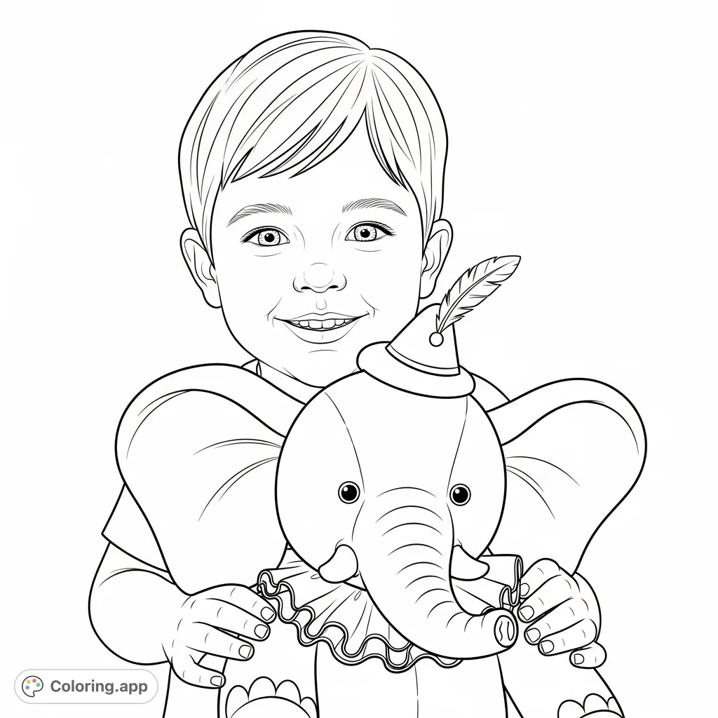 A heartwarming free printable child and elephant plush toy coloring page, featuring a smiling child embracing a detailed toy with a hat and ruffled collar. Perfect for kids!
