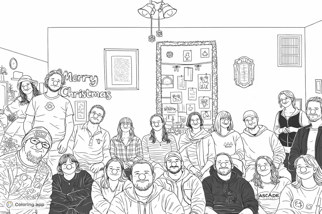 A large group of smiling individuals wearing playful novelty noses, surrounded by festive decorations, captured in a joyful indoor gathering scene.