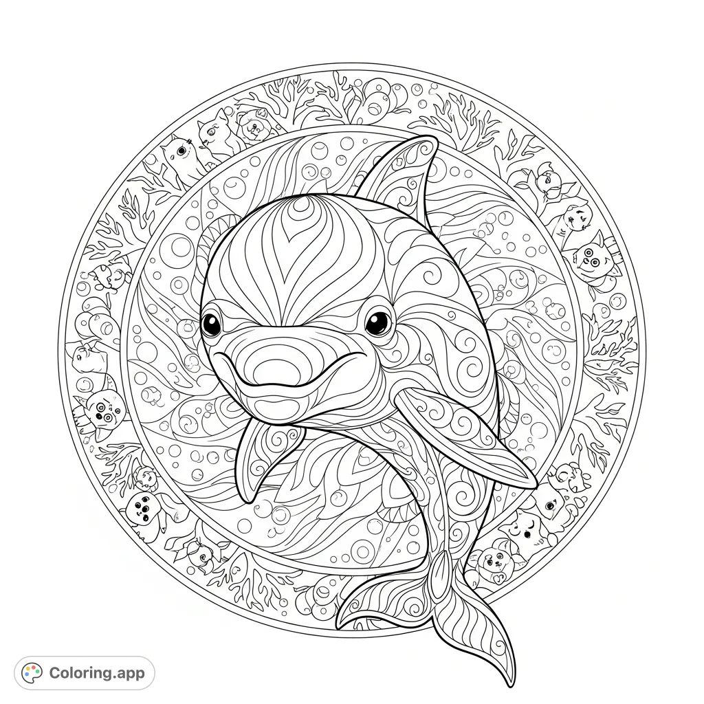 Dive into tranquility with this intricate dolphin mandala coloring page. Featuring a graceful dolphin adorned with flowing patterns within an ocean-inspired frame, perfect for adults.