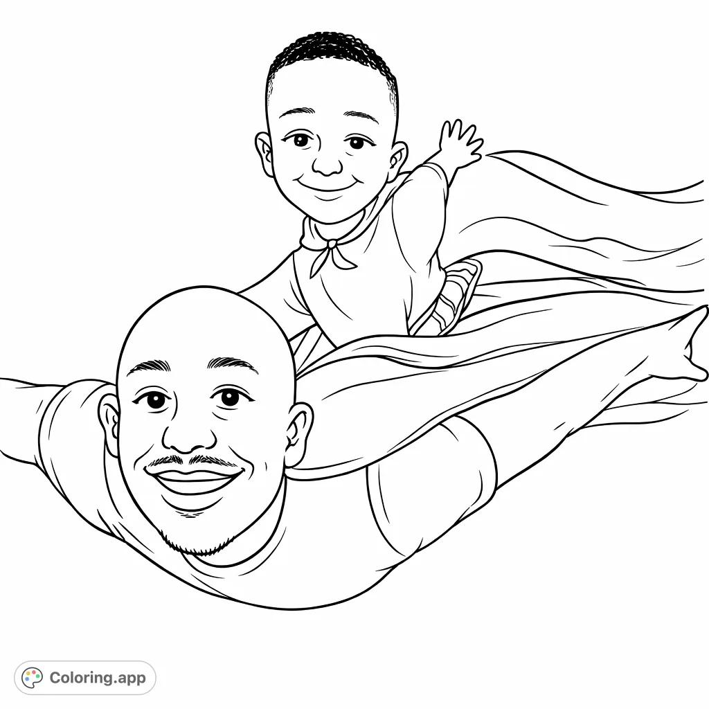 An uplifting flying friends coloring page featuring two joyful figures in flowing attire, perfect for imaginative coloring and creative expression.