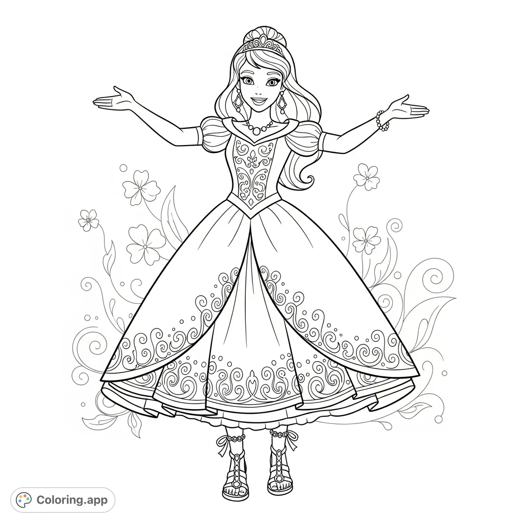 A happy princess in an elegant gown with stunning sandals, a bracelet, and earrings, welcoming with open arms. A charming free printable coloring page.