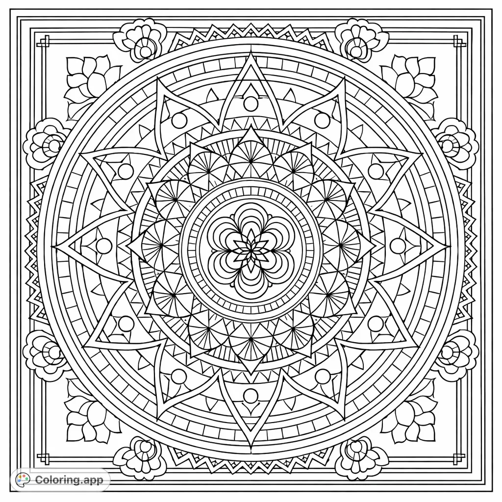 Explore intricate patterns and symmetrical beauty in this detailed mandala coloring page. Perfect for mindful coloring and creative expression for adults.