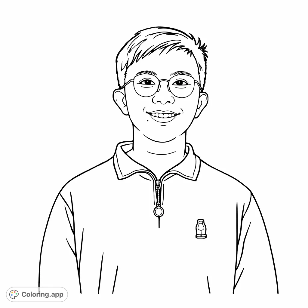 A cheerful portrait coloring page featuring a person with eyeglasses and a collared shirt, perfect for personalizing with your unique artistic vision.