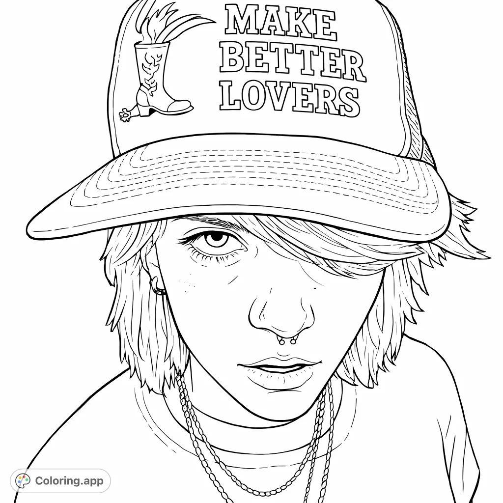 Capture a unique youthful portrait featuring a person in a trucker hat with western-themed text, perfect for expressive coloring.