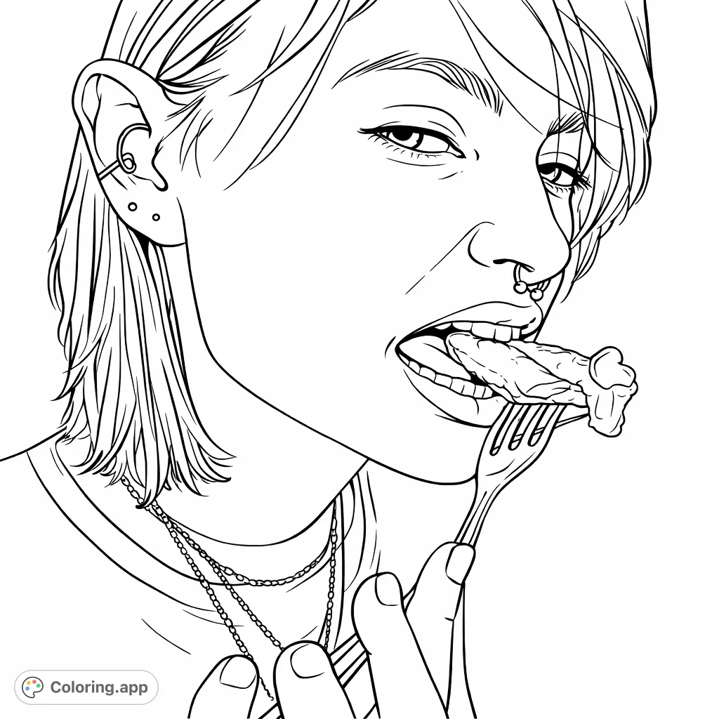 Capture a candid moment of a person enjoying a meal, featuring detailed facial features, piercings, and necklaces. A unique everyday scene to color.