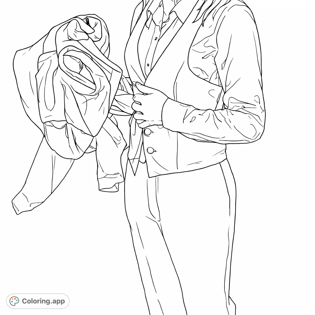 A stylish person in a shirt, vest, and trousers, holding a pile of folded garments. This fashion coloring page offers a chance to explore personal style and textures.