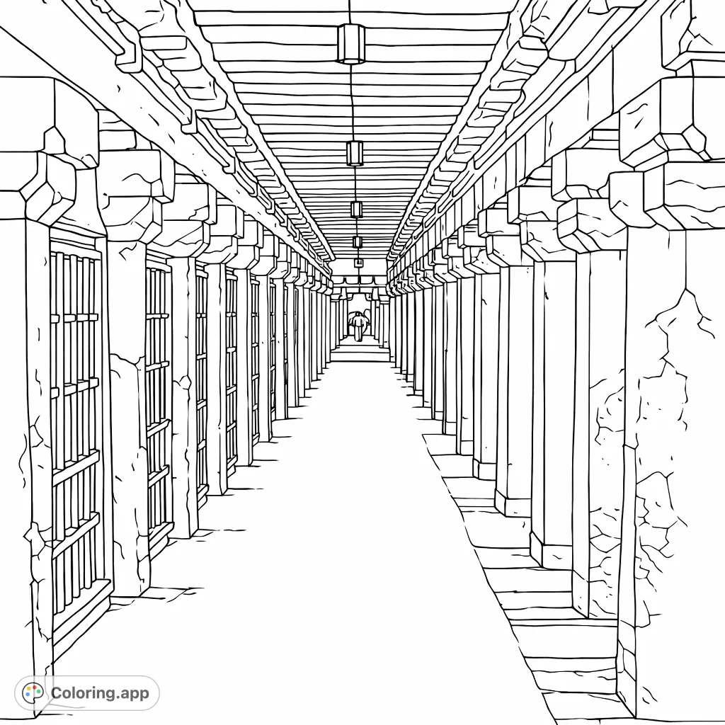 Explore a grand architectural hallway featuring numerous ornate pillars and intricate stone details. A captivating perspective view for a challenging coloring experience.