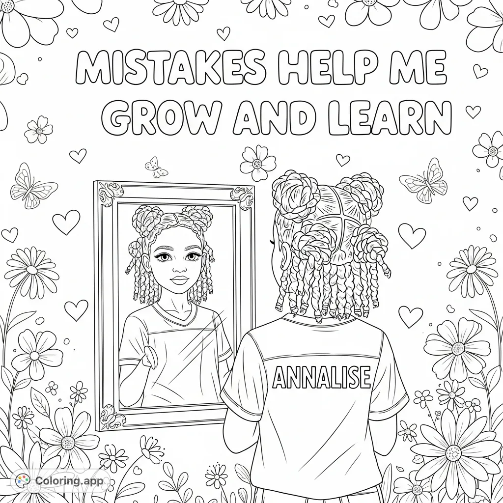 A delightful Annalise's Affirmation Reflection coloring page, featuring a girl, mirror, positive text, and decorative elements. A charming free printable coloring page!