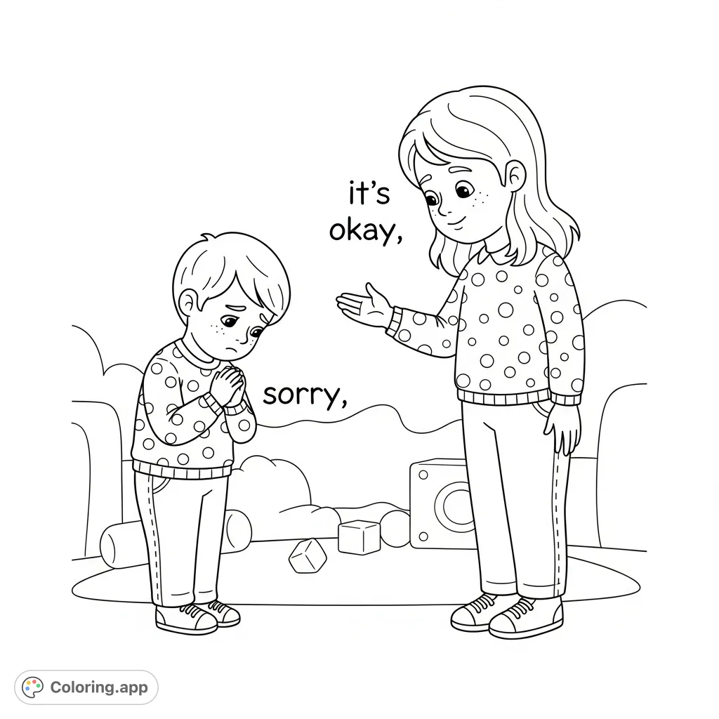 A heartwarming affirmations for kids coloring page featuring two children: one apologizing, the other offering comforting words. Teaches empathy and self-love.