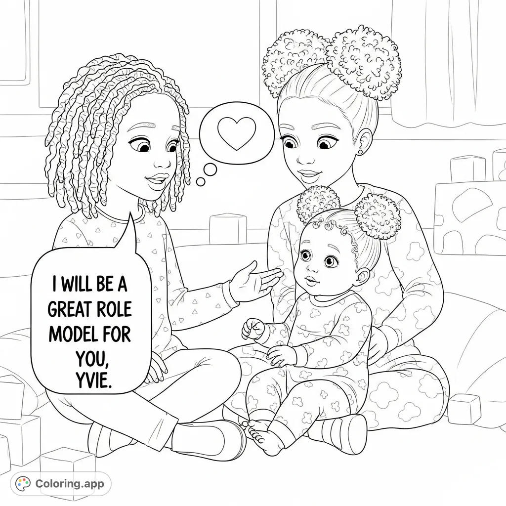 A heartwarming scene of two African American sisters in their playroom. The older sister promises to be a great role model for baby Yvie.