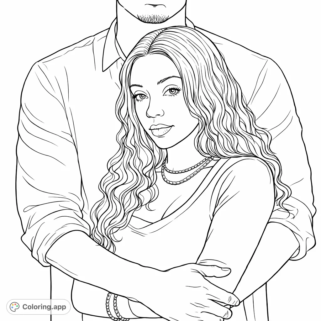 Capture the tender embrace of a couple with this romantic portrait coloring page. Features a woman with flowing hair, layered jewelry, and a subtle background for creative expression.