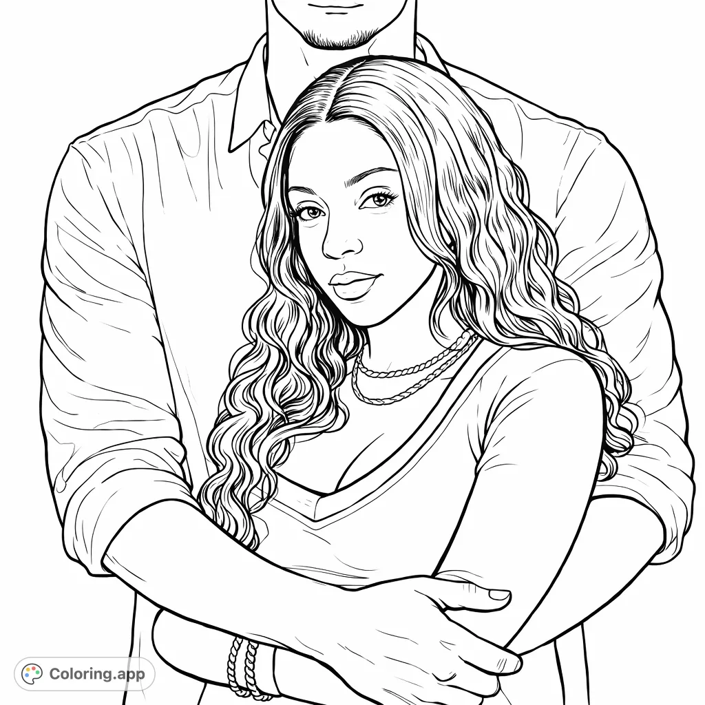 An intimate portrait of a couple embracing, featuring detailed facial expressions, wavy hair, and delicate jewelry, perfect for a meaningful coloring experience.