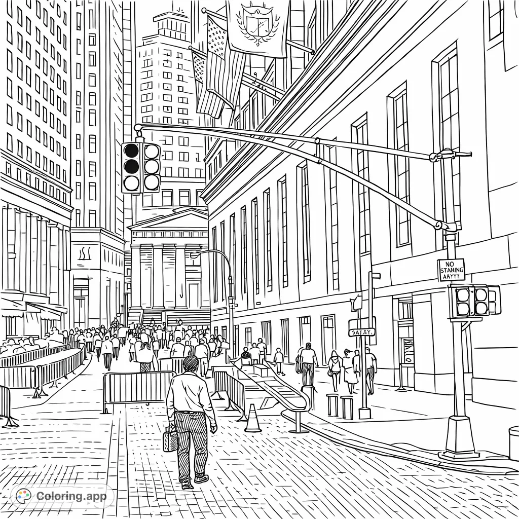 Immerse yourself in a bustling urban street with towering architecture, pedestrians, and iconic street elements. A detailed city exploration coloring page.