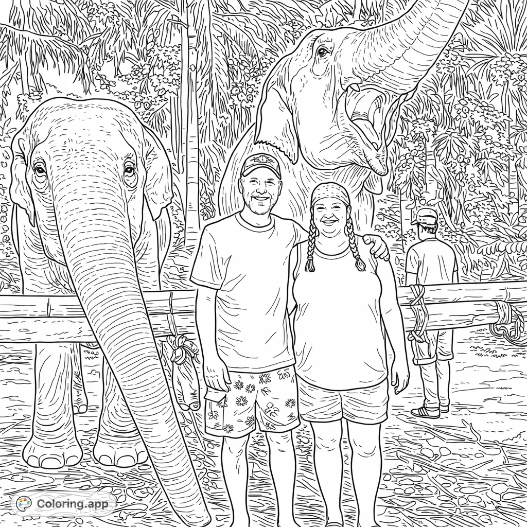 A heartwarming scene of two people interacting with majestic elephants in a lush jungle environment. This free printable elephant coloring page offers a delightful adventure.