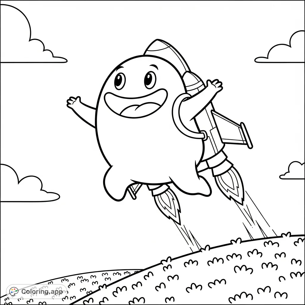 A delightful blob character soars over a gentle hill with a sleek jetpack, expressing pure joy. A fun, free printable coloring page for all ages.