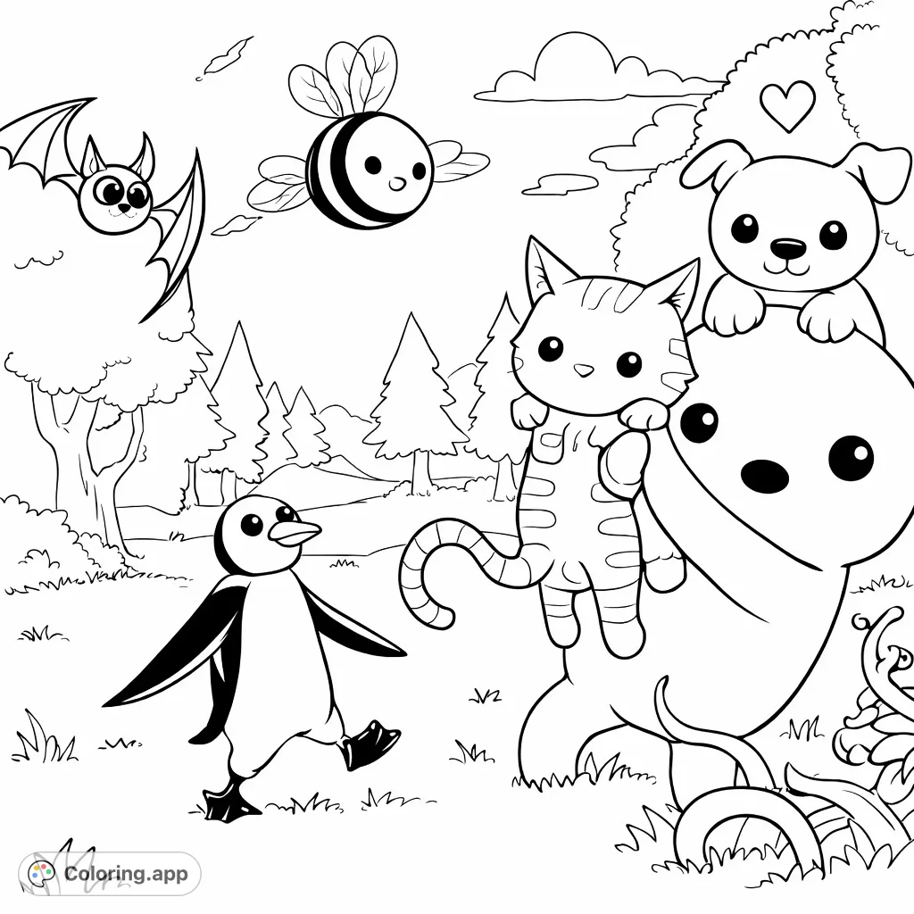 A delightful scene featuring an ensemble of charming forest creatures: a walking penguin, a playful cat, a cuddly bear, and flying insects amidst a serene natural setting.