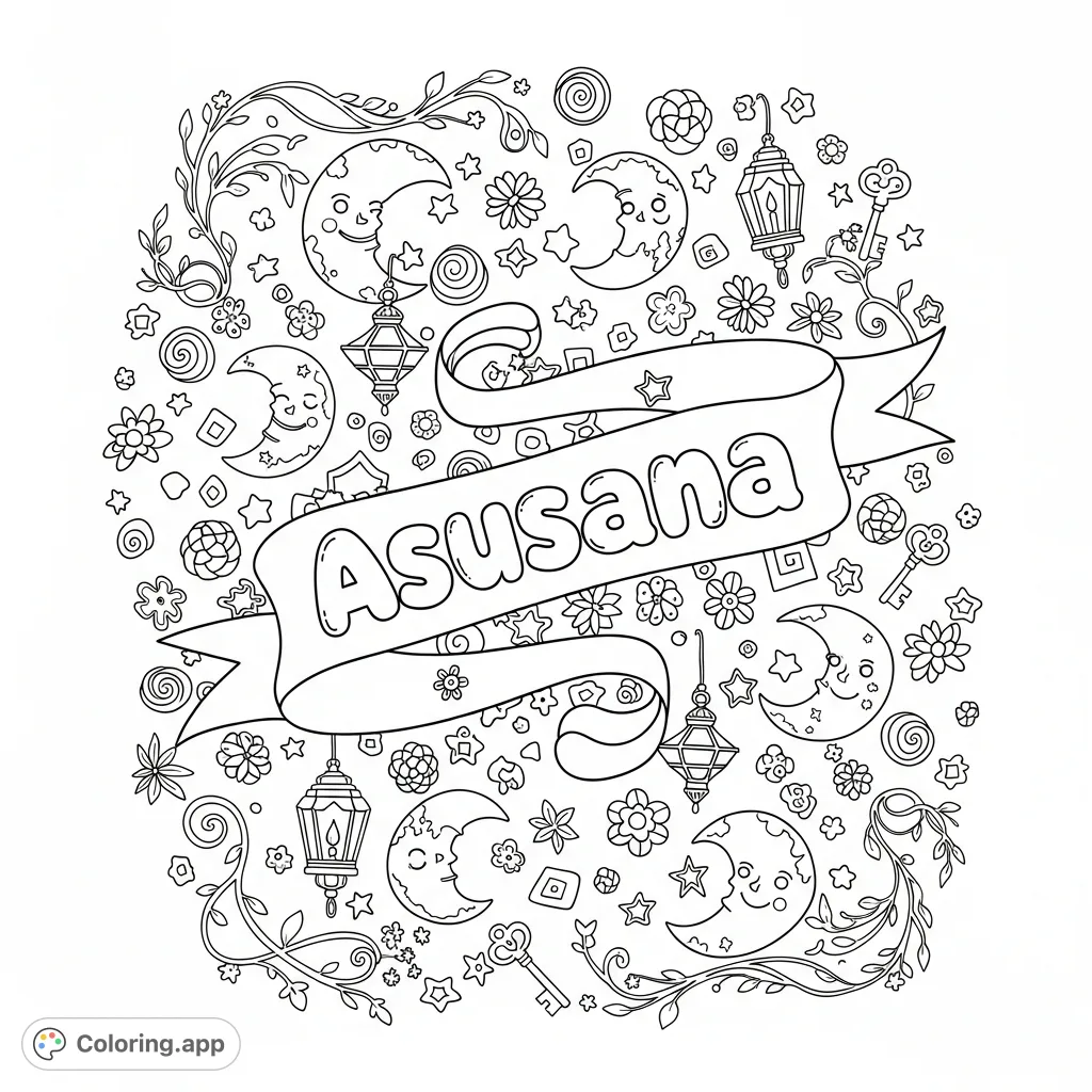 Discover a personalized 'Asusana' coloring page featuring a whimsical collage of stars, moons, lanterns, and intricate floral patterns for creative expression.