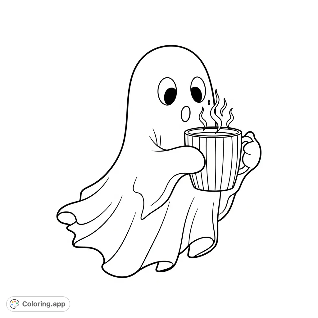 A charming ghost sips hot cocoa, a delightful and simple scene. Perfect for a relaxing coloring experience, bringing a touch of whimsy to your day.