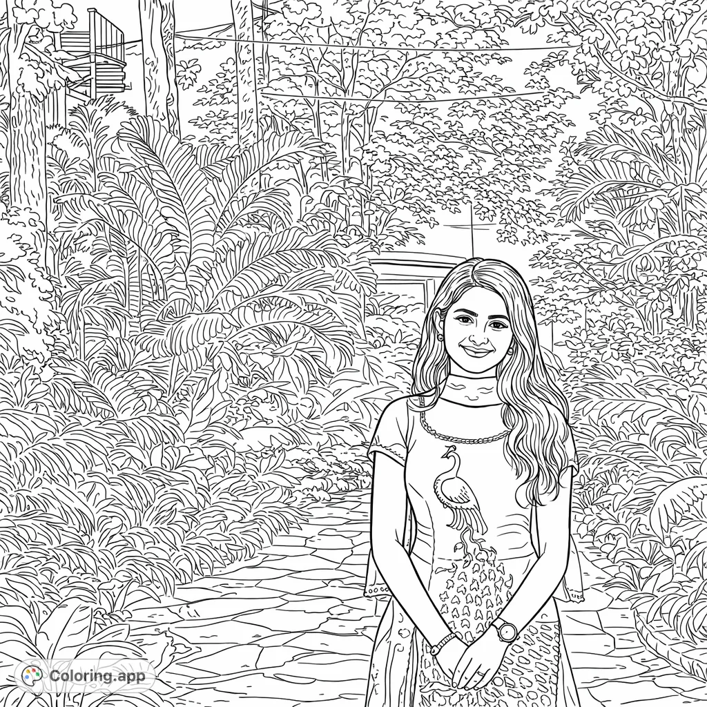 A charming scene featuring a smiling woman in a traditional garment with a peacock design, standing on a stone path amidst a vibrant, tropical garden.