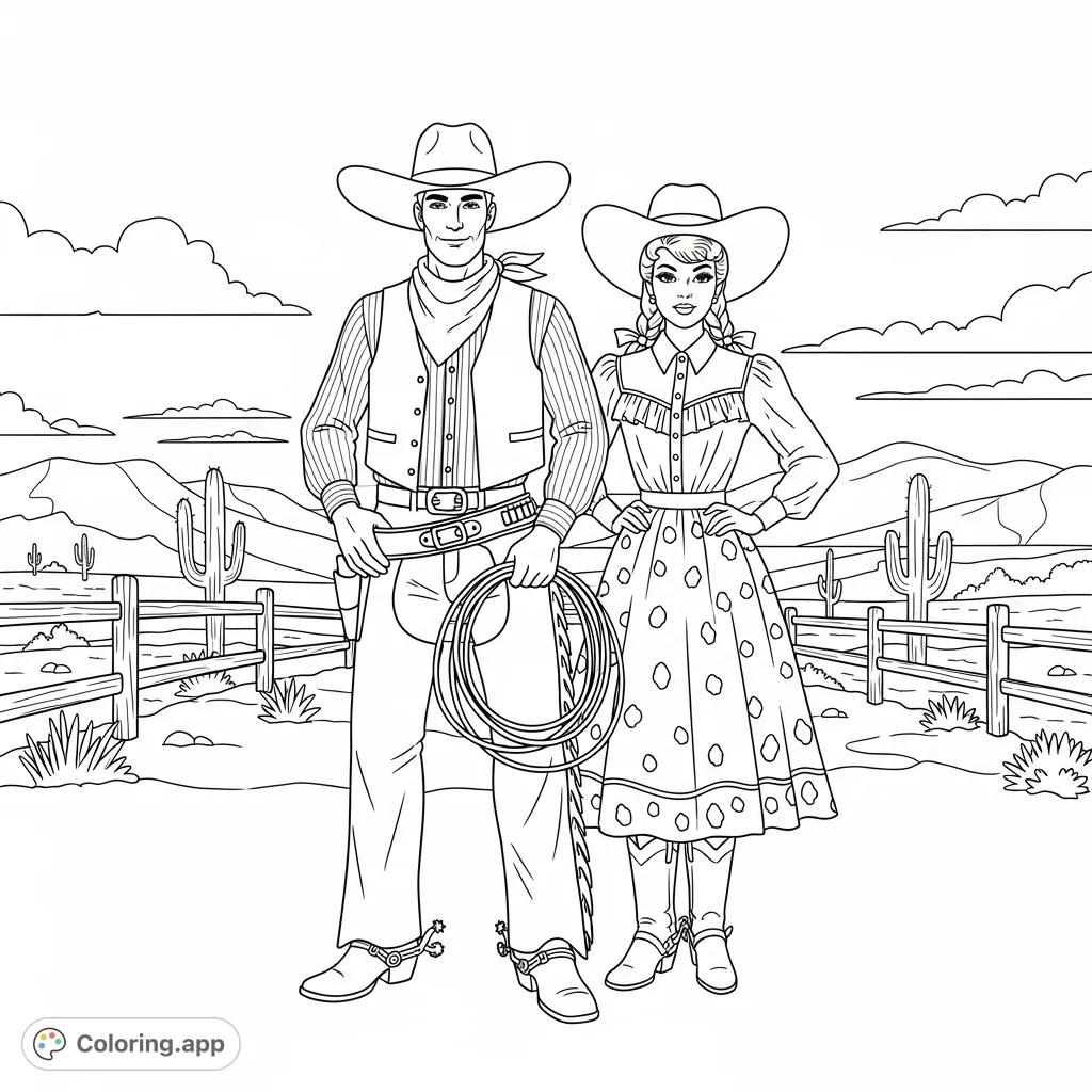 A charming vintage cowboy and cowgirl stand together, ready for adventure. This detailed scene captures the spirit of the Old West for all ages.