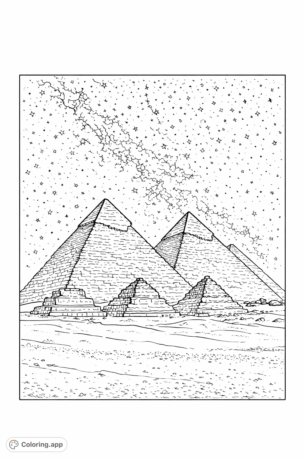 An awe-inspiring scene featuring ancient Egyptian pyramids beneath a spectacular, star-filled night sky, evoking wonder and mystery. Perfect for history and space enthusiasts.