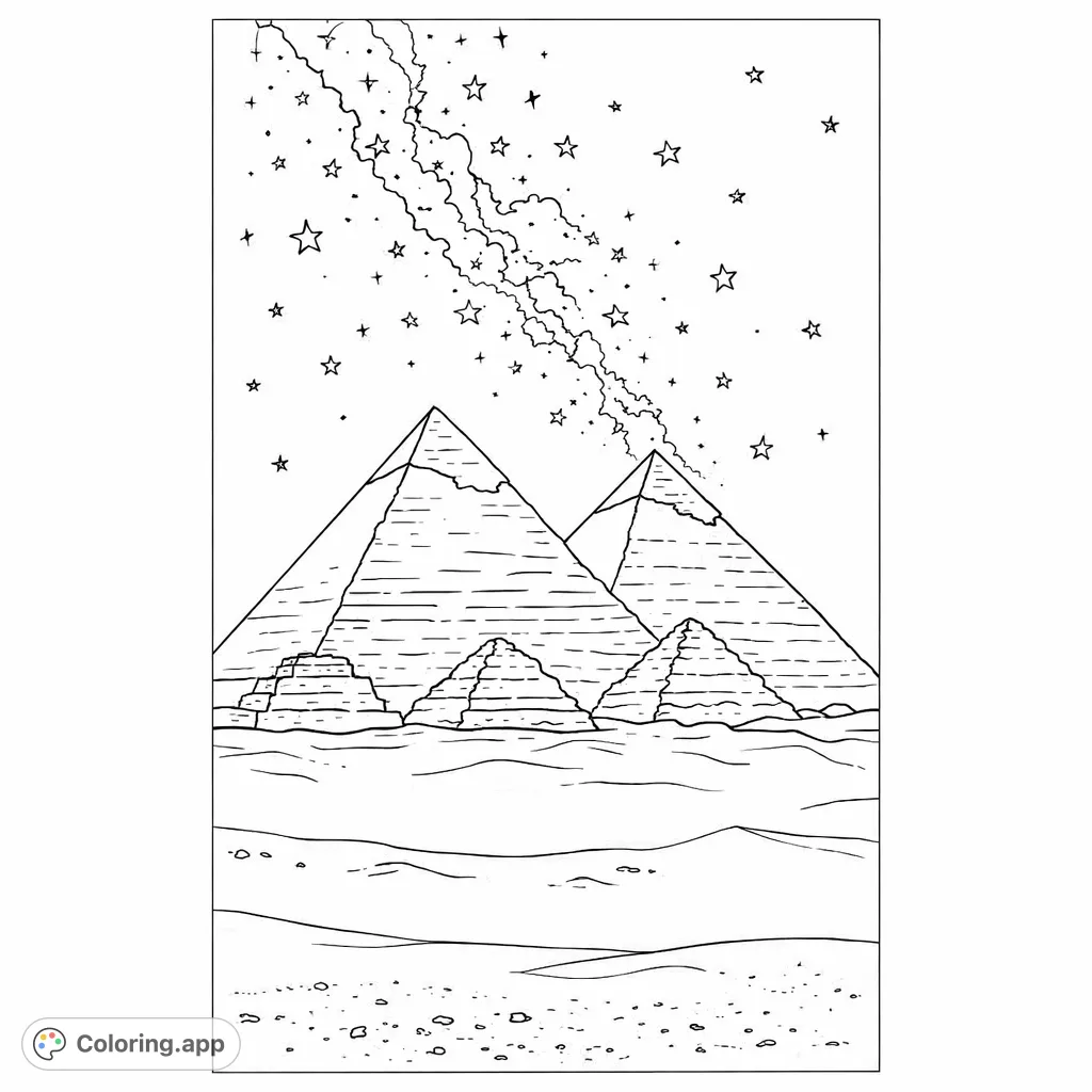 Discover the majestic Egyptian pyramids against a dramatic, starlit sky. A simple, iconic scene inviting peaceful coloring for all ages.