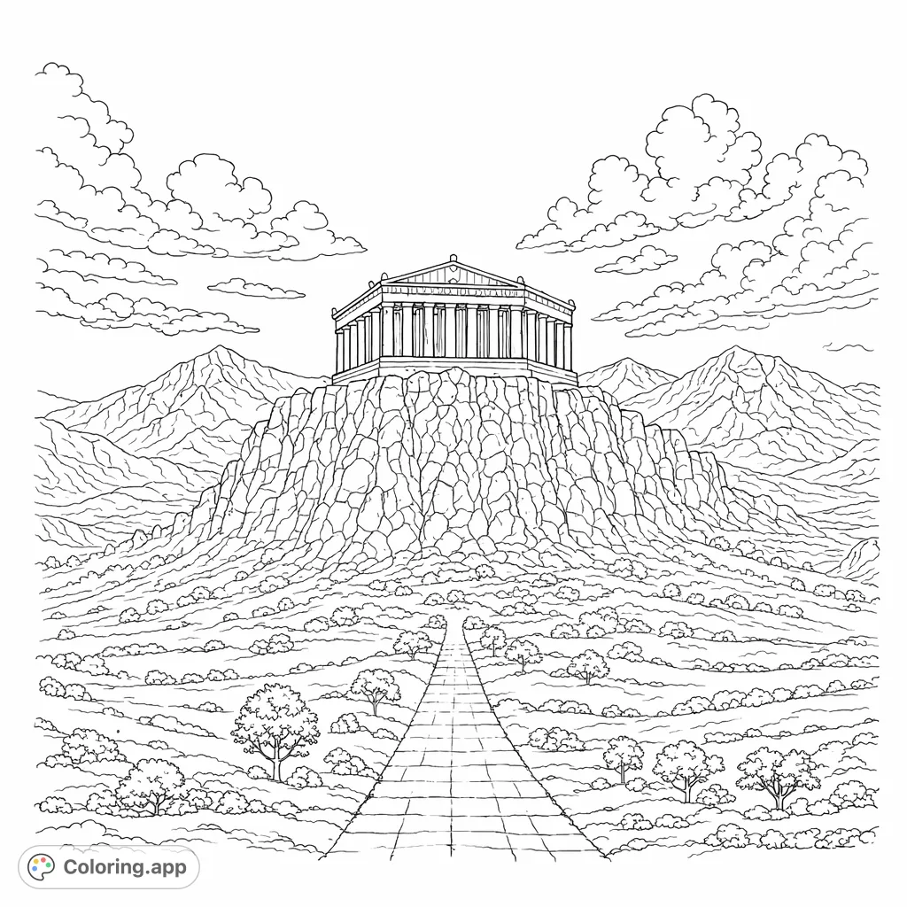 Explore an ancient temple atop a rugged hill, surrounded by distant mountains and a winding path, offering a detailed architectural and landscape coloring experience.