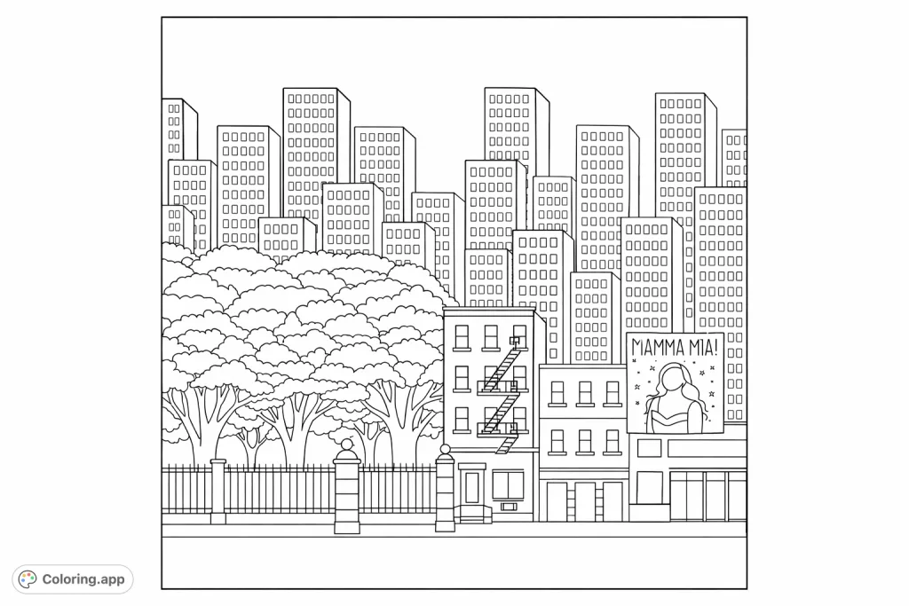 Explore an urban landscape with towering buildings, a serene park area, and detailed street-level structures. A simple city coloring page for all ages.