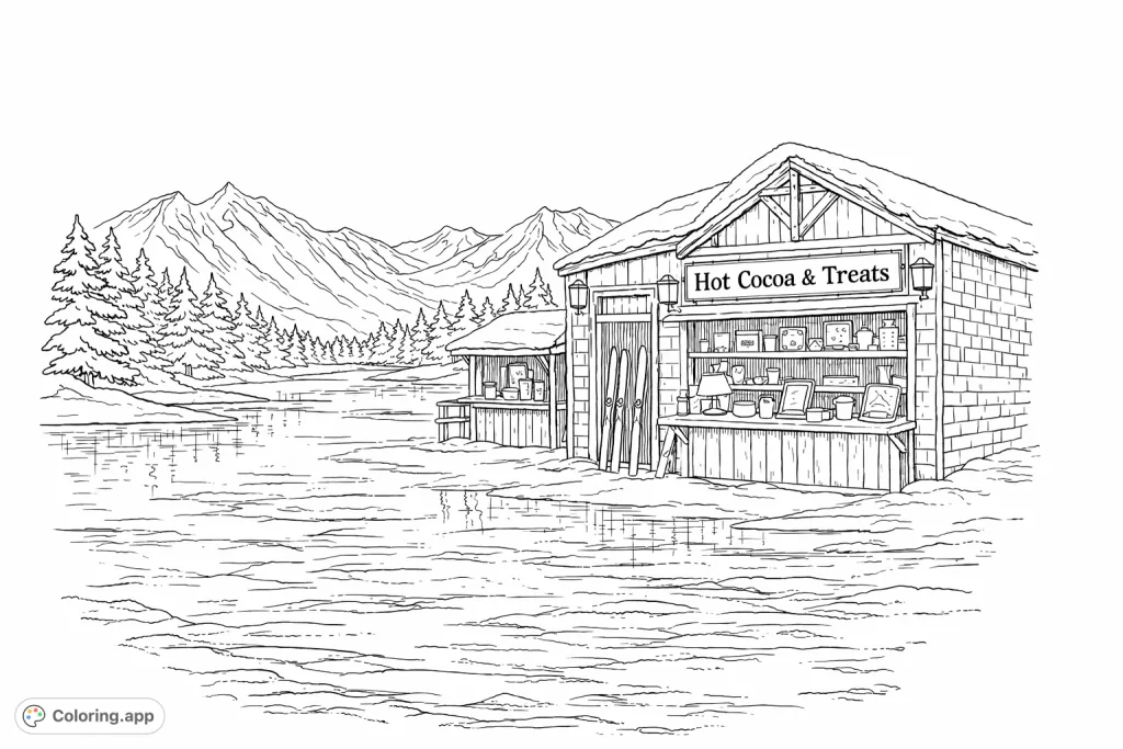 Immerse yourself in a serene winter scene featuring a charming hot cocoa stand by a reflective lake, surrounded by snow-dusted trees and majestic mountains.