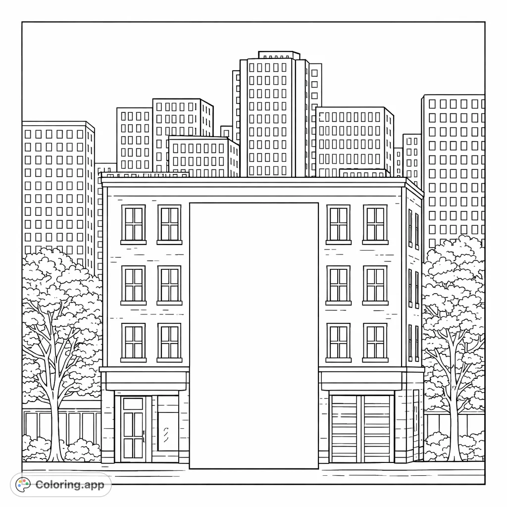 Explore a bustling urban streetscape featuring a classic three-story building, leafy trees, and a detailed city skyline. Perfect for city lovers and architecture enthusiasts.