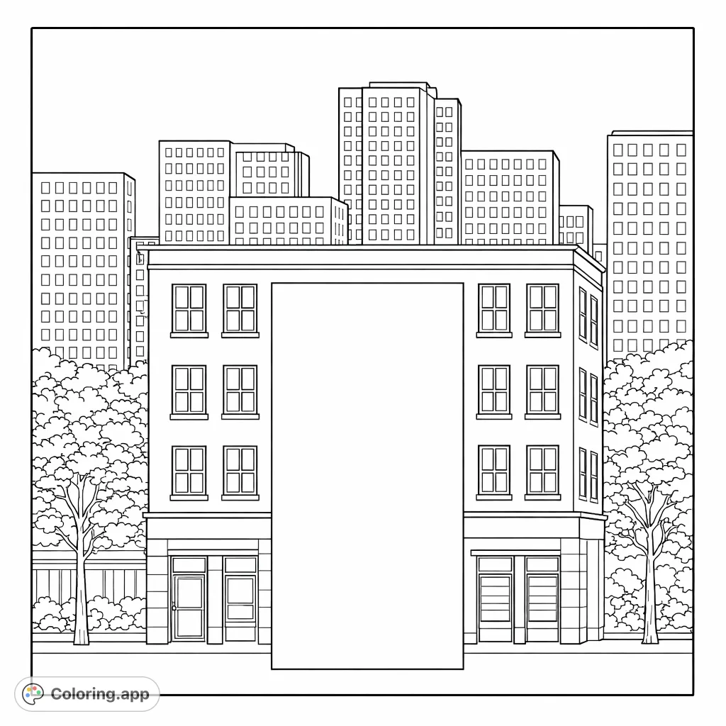 Explore a bustling urban street with detailed buildings, intricate window patterns, and leafy trees. A complex cityscape coloring page awaits your creative touch.