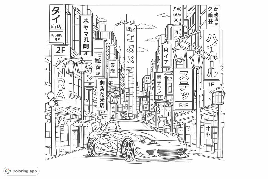 Immerse yourself in a dynamic Japanese city night with a sleek sports car amidst a multitude of illuminated signs and towering urban architecture.
