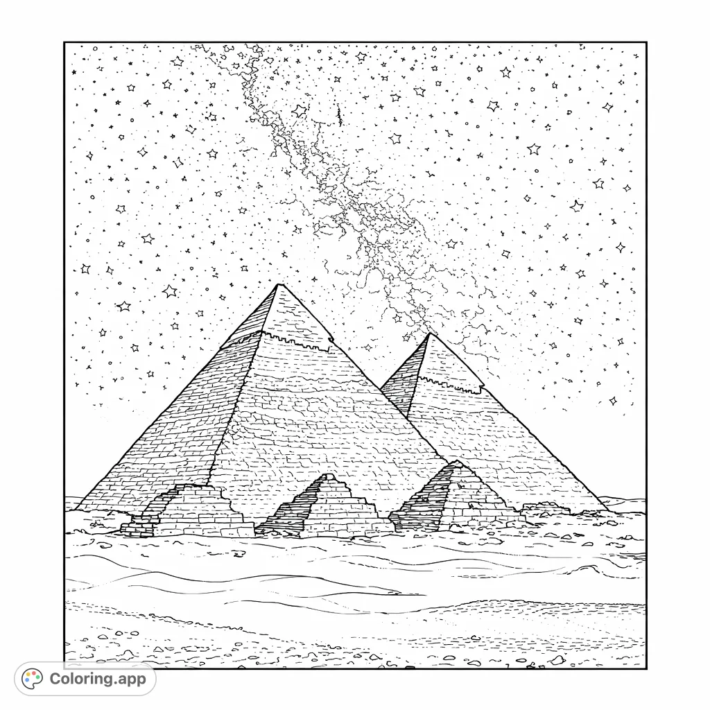 Explore ancient wonders under a star-strewn sky with this pyramids coloring page, perfect for history enthusiasts and aspiring artists. Free printable.