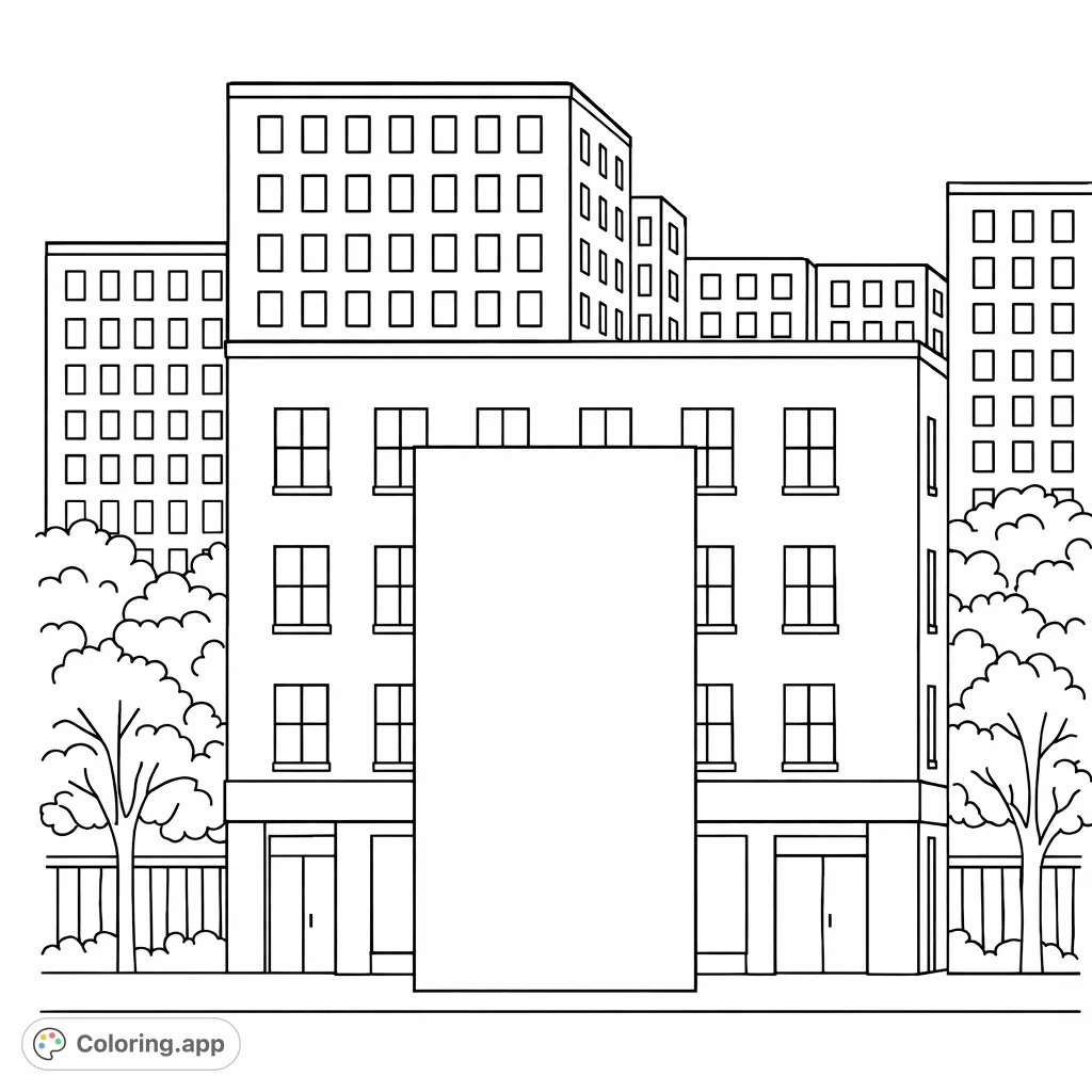 Explore an urban landscape with this simple city street view coloring page. Features buildings, windows, and trees for an engaging and easy creative experience.