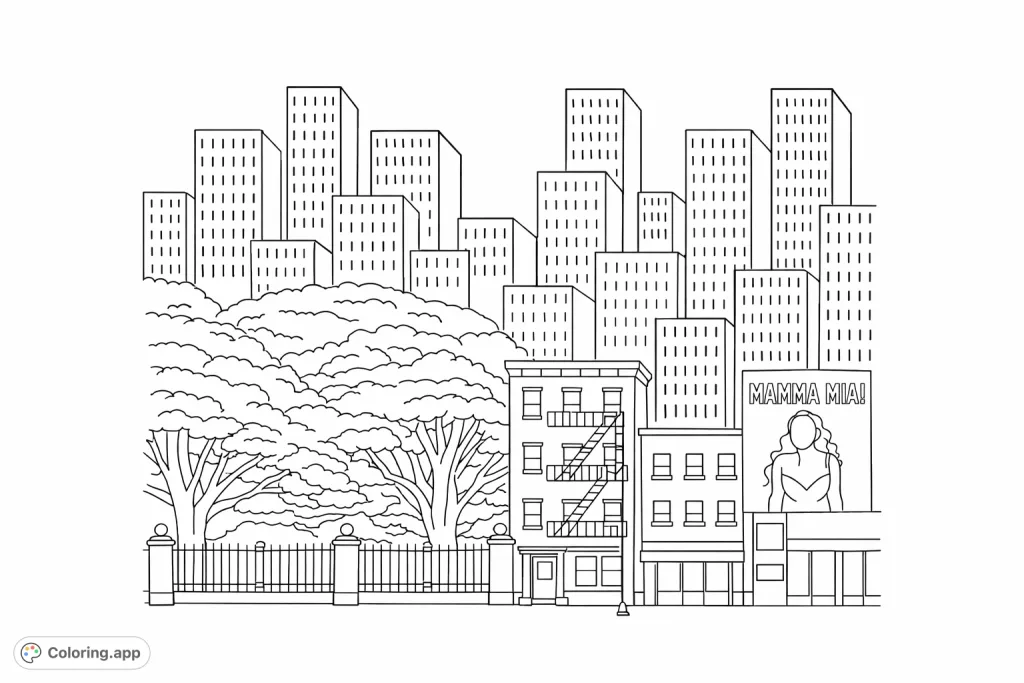 Explore a simplified city scene featuring a park with large trees and a classic urban street with buildings, perfect for an engaging and easy coloring experience.